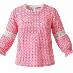 Lilly Pulitzer Jourdana Starburst EYELET Pink/3/4 Arm Blouse Women Size 4 EUC